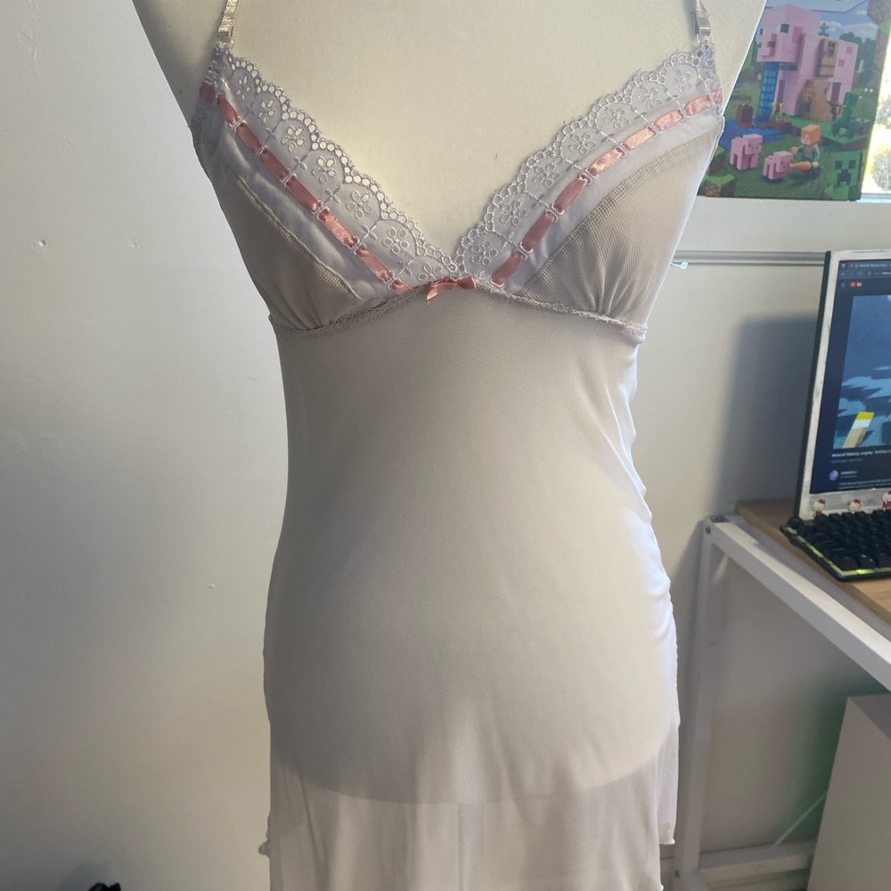White and pink lace kami dress fishnet fabric  slightly USED!